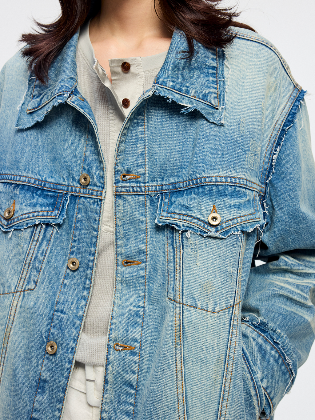 Raw edge patchwork denim jacket