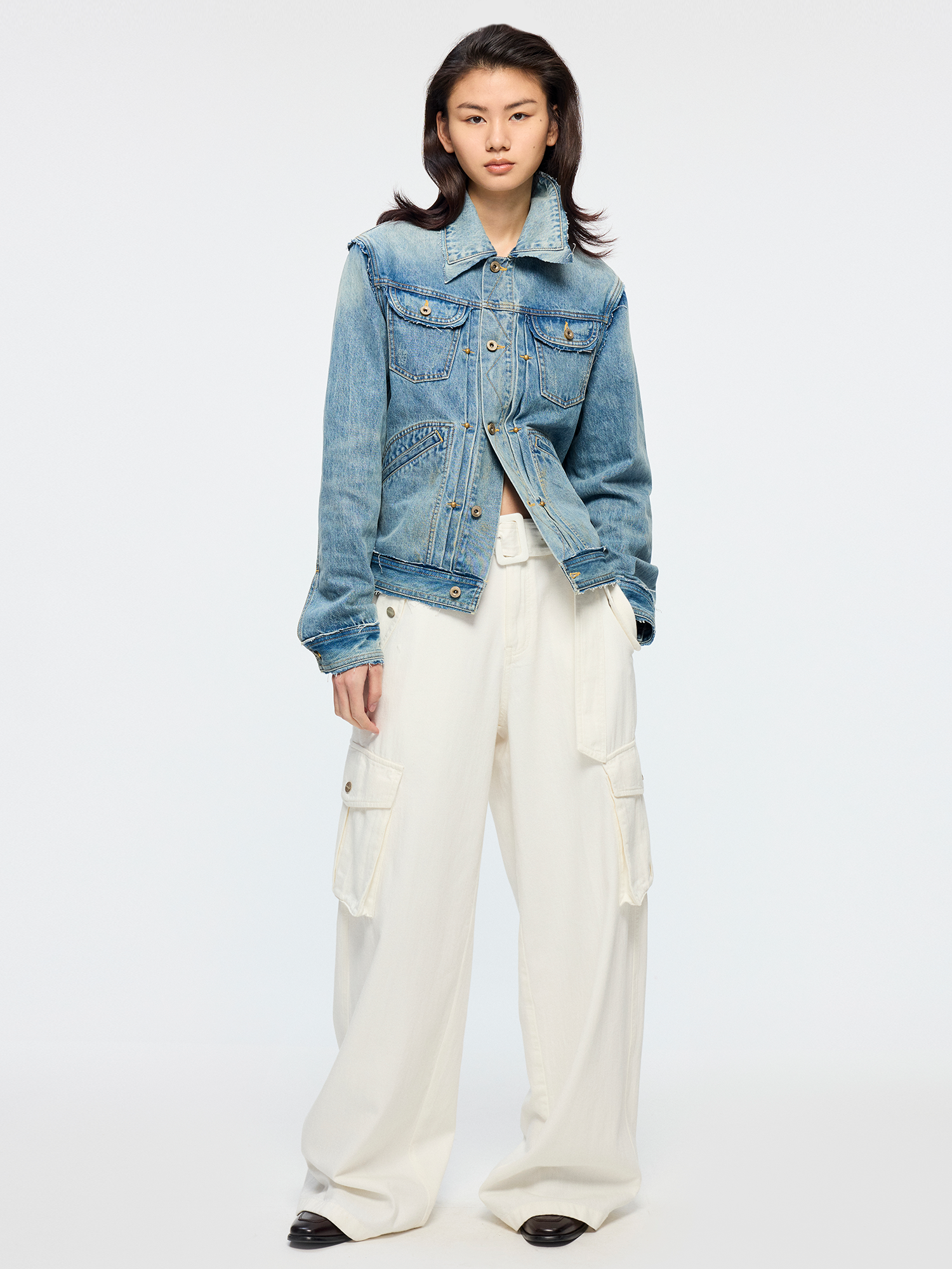 Raw edge patchwork vintage denim jacket