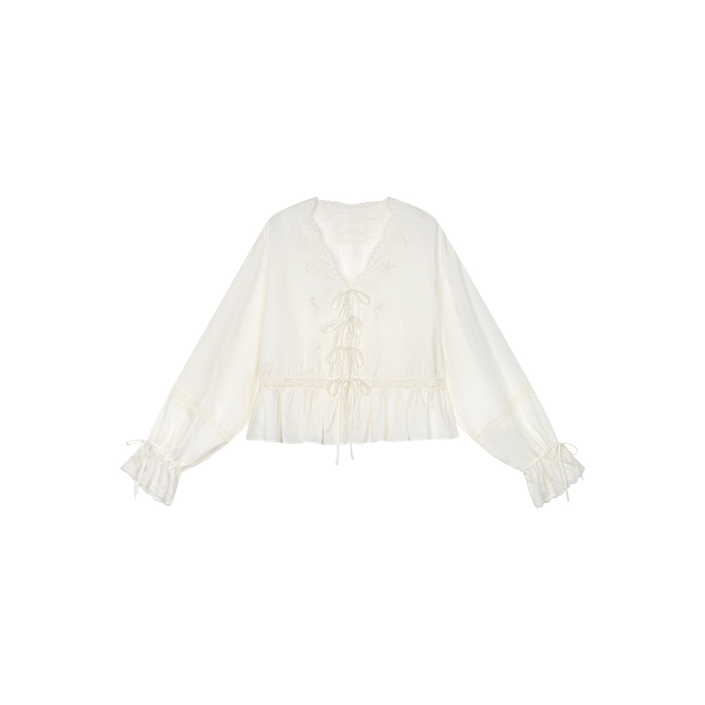 Openwork embroidered tie-front shirt