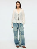 Openwork embroidered tie-front shirt