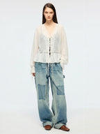 Openwork embroidered tie-front shirt