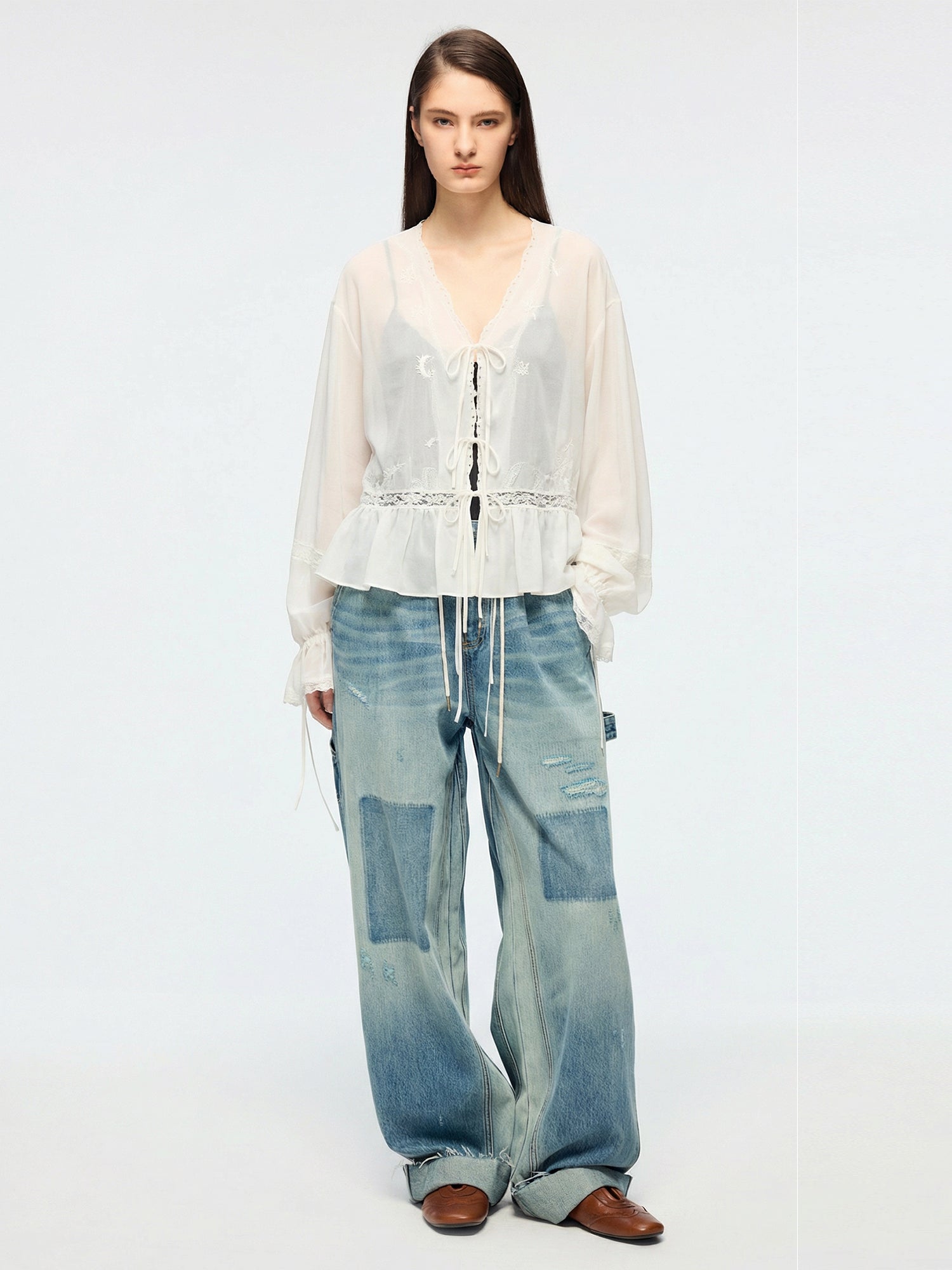 Openwork embroidered tie-front shirt