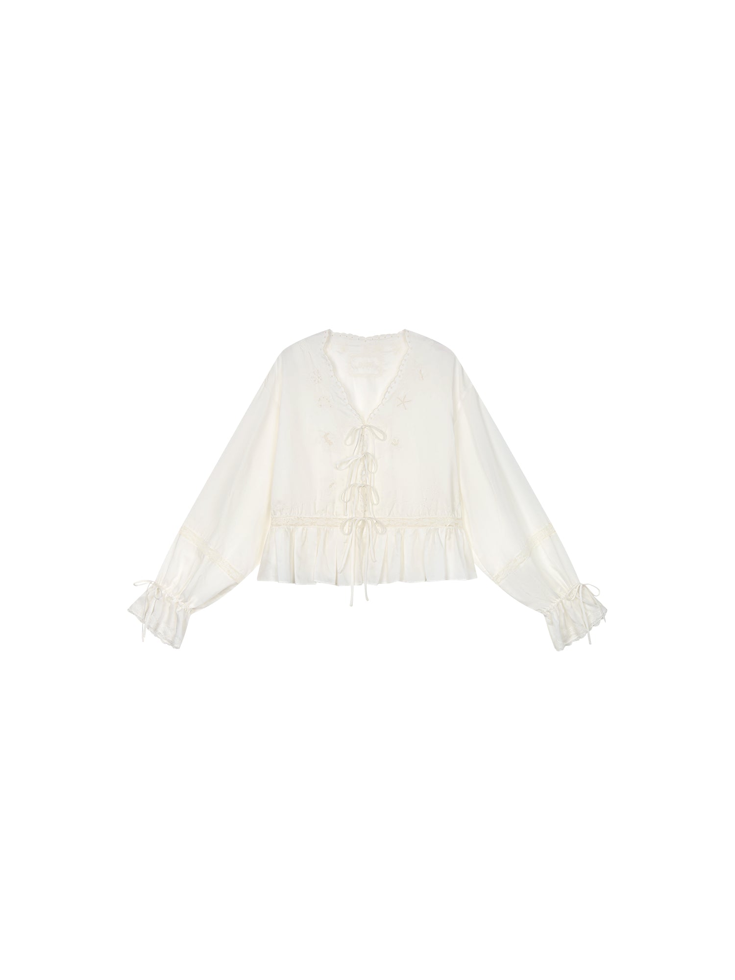 Openwork embroidered tie-front shirt