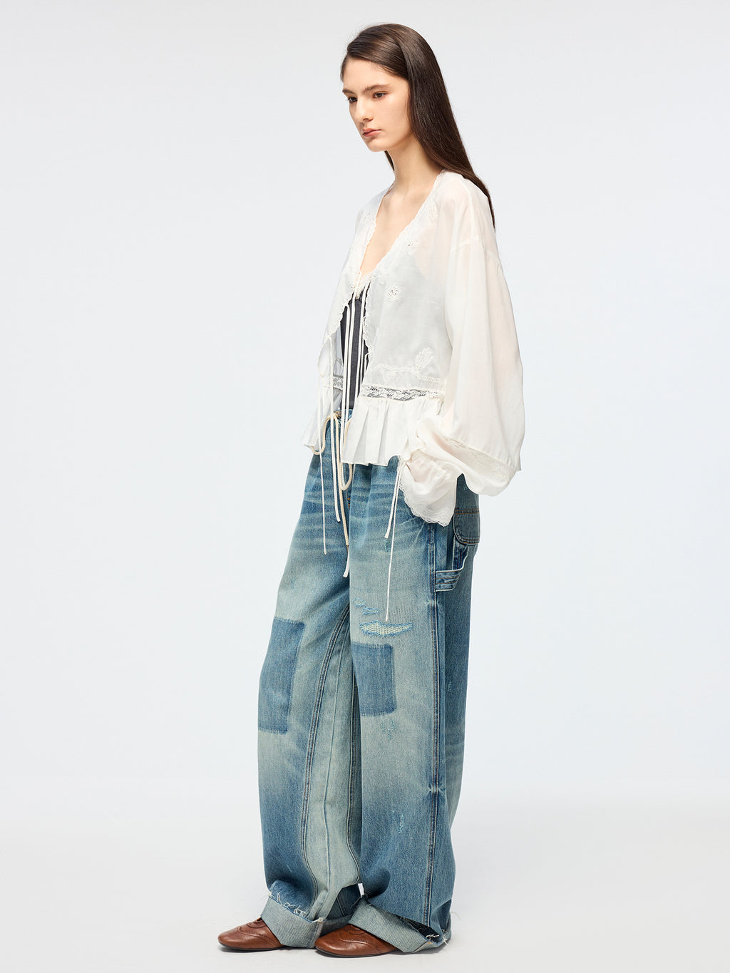 Openwork embroidered tie-front shirt