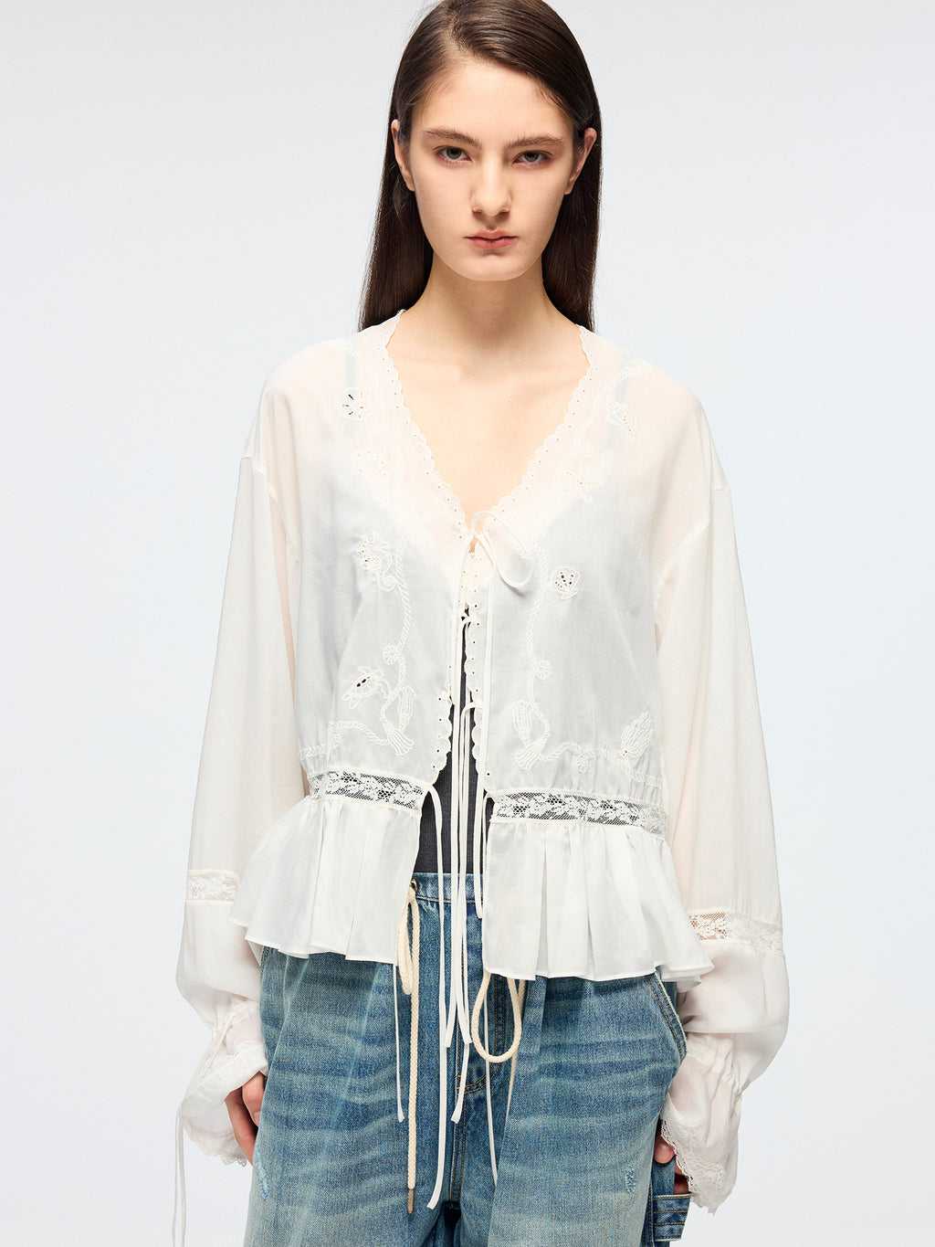 Openwork embroidered tie-front shirt