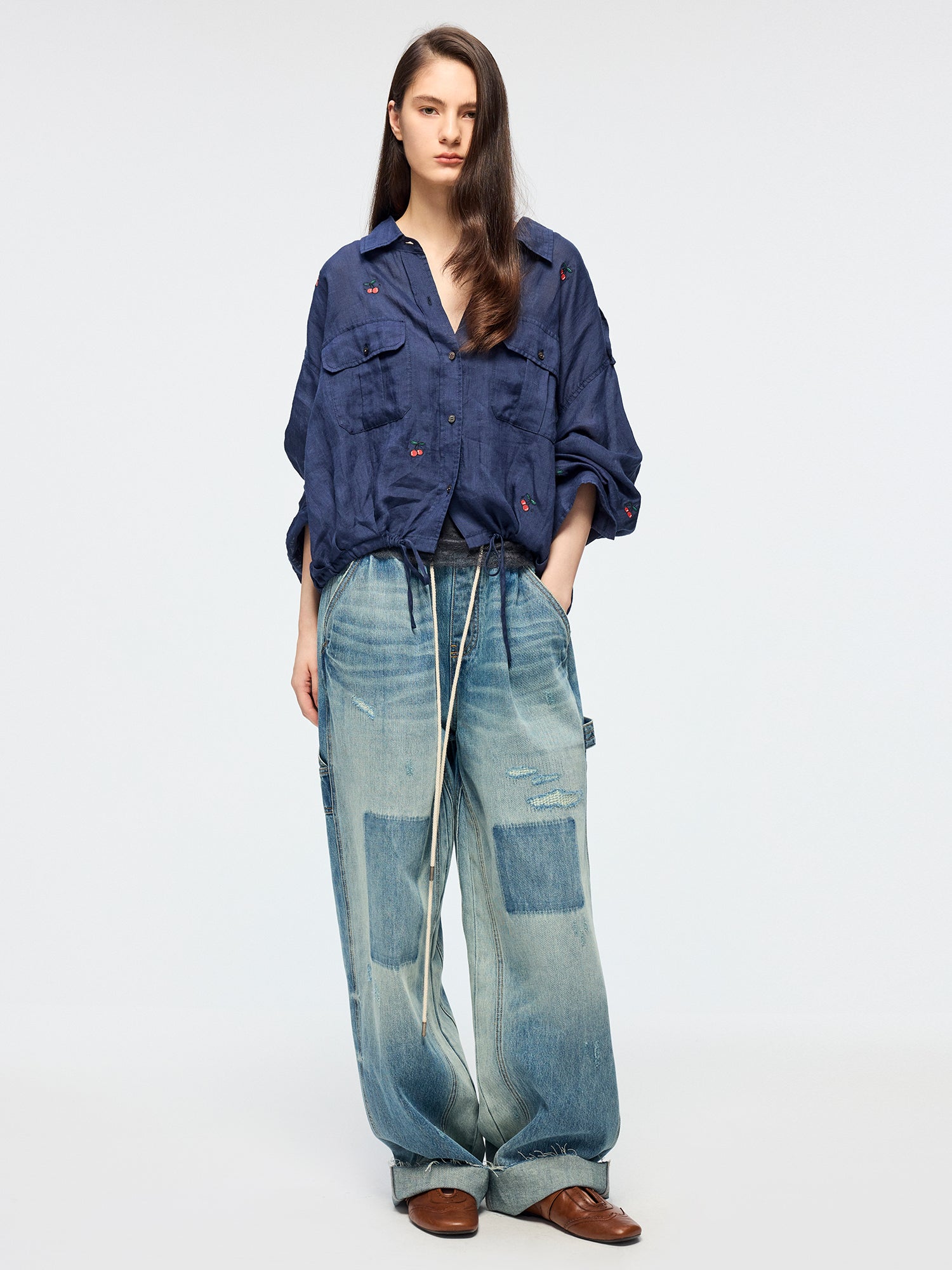 Dynamic cherry embroidered utility shirt