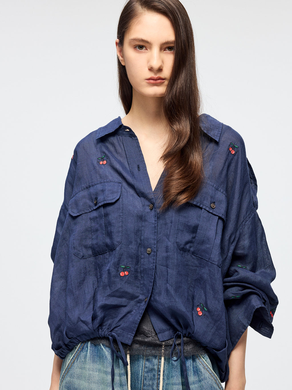 Sporty cherry embroidered utility shirt