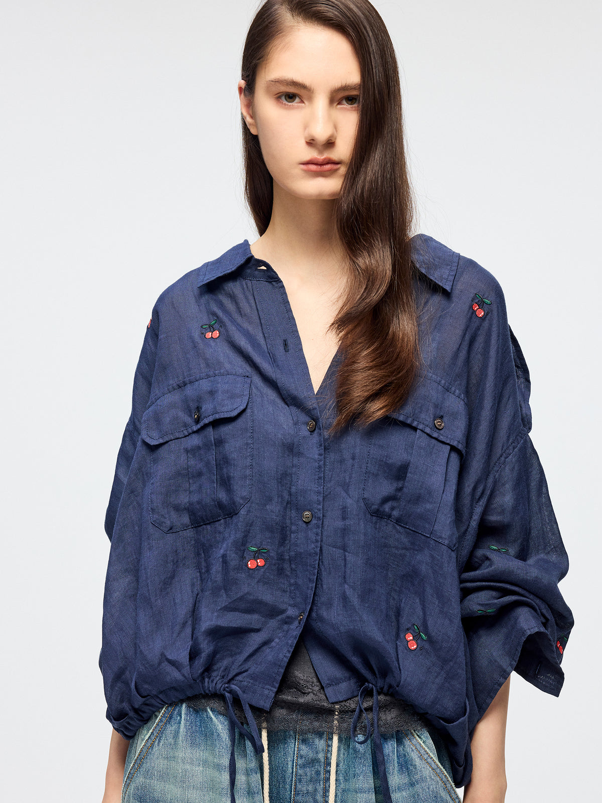 Sporty cherry embroidered utility shirt