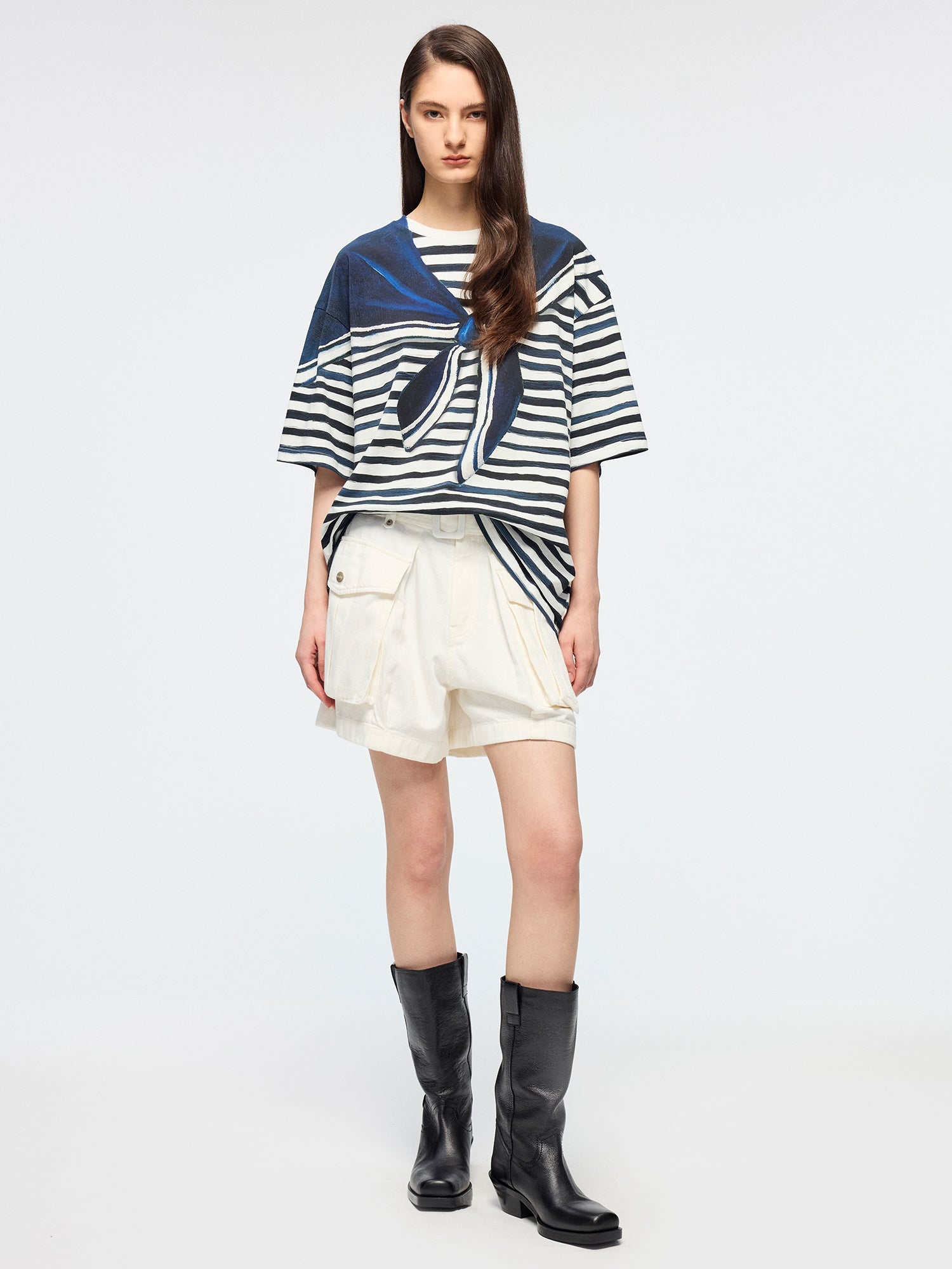 Hand-painted sailor collar striped T-shirt