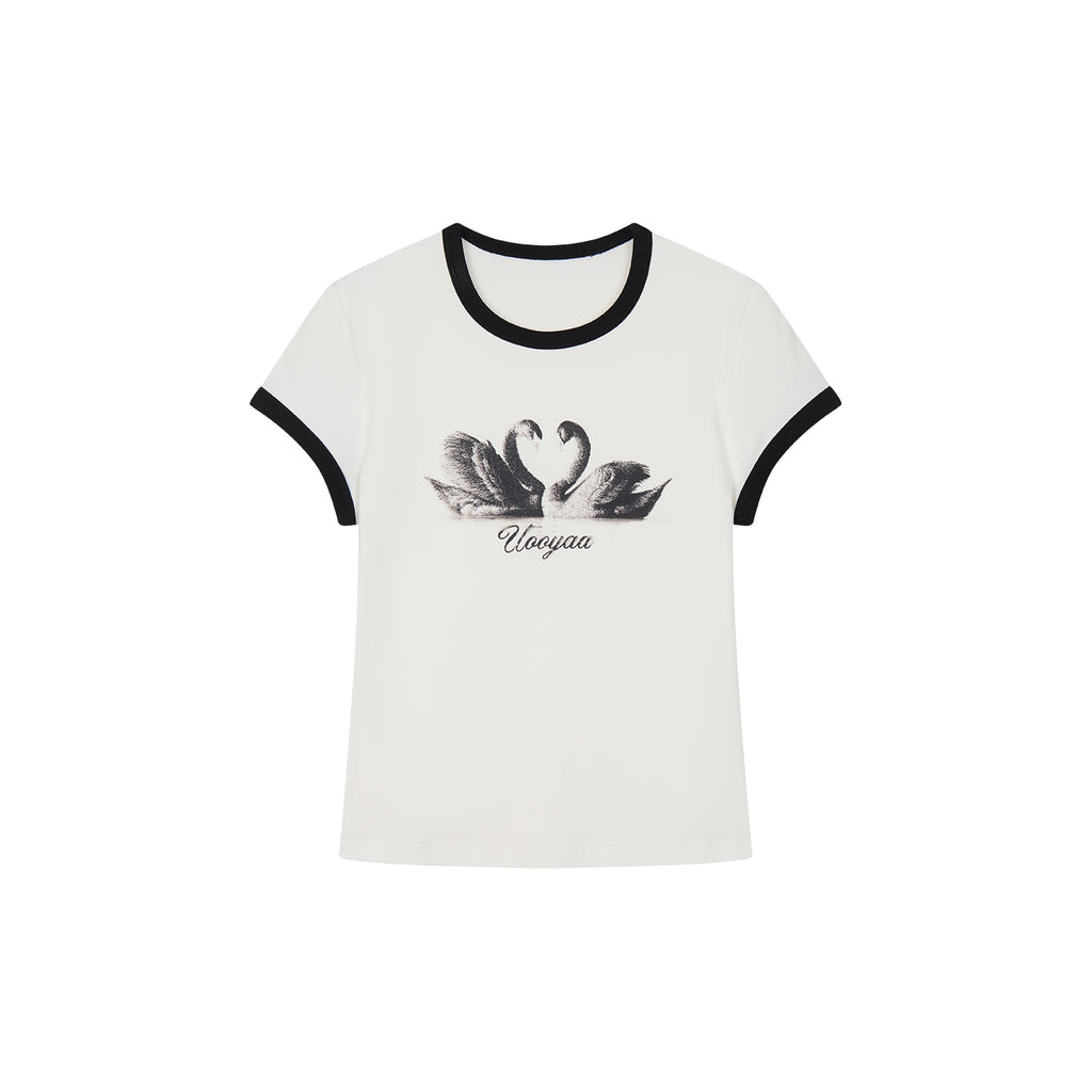 Swan print ringer T-shirt