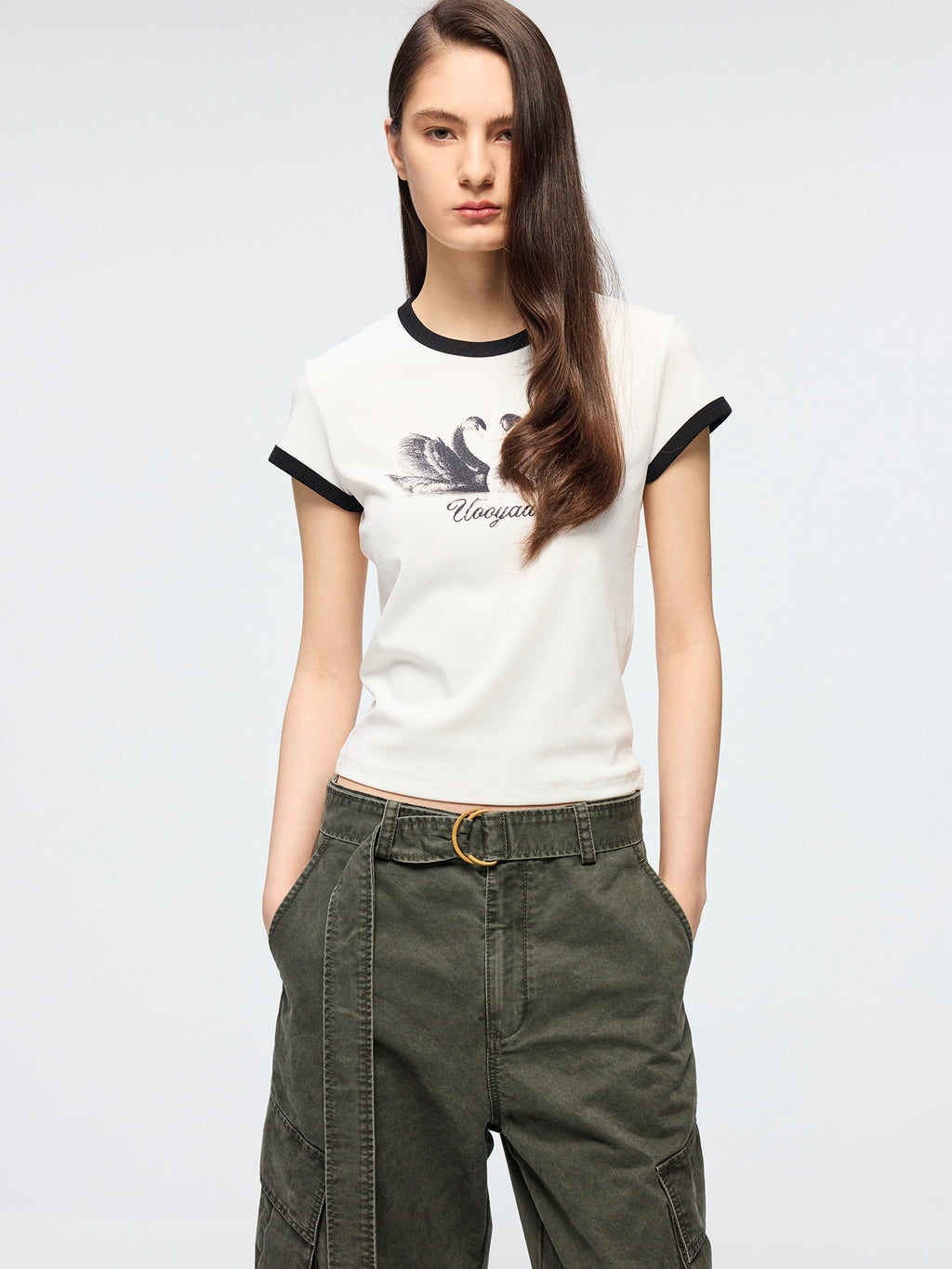 Swan print ringer T-shirt