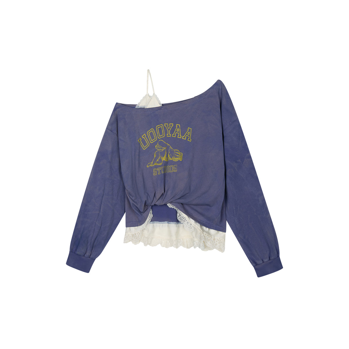 Angel print lace camisole asymmetric T-shirt