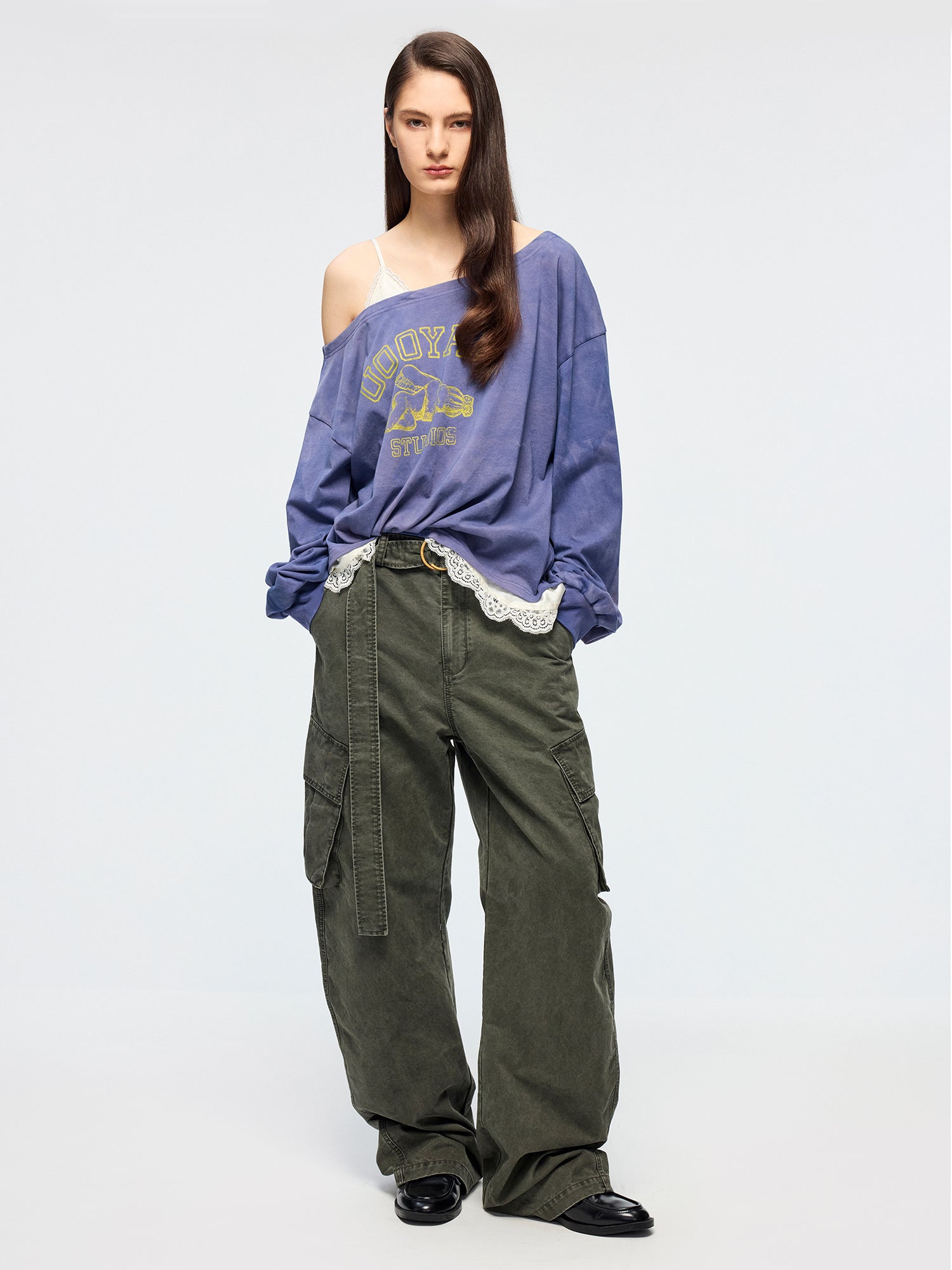 Angel print lace camisole asymmetric T-shirt