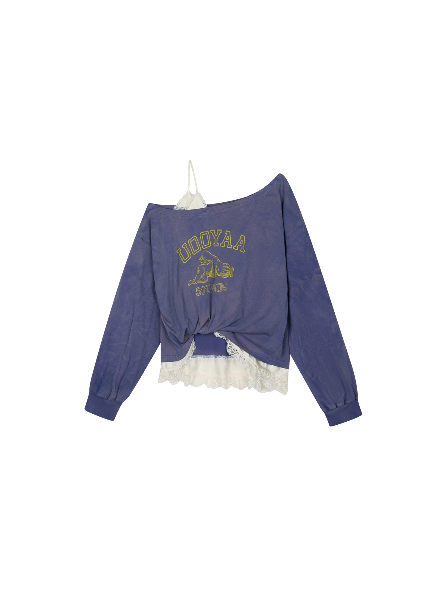 Angel print lace camisole asymmetric T-shirt