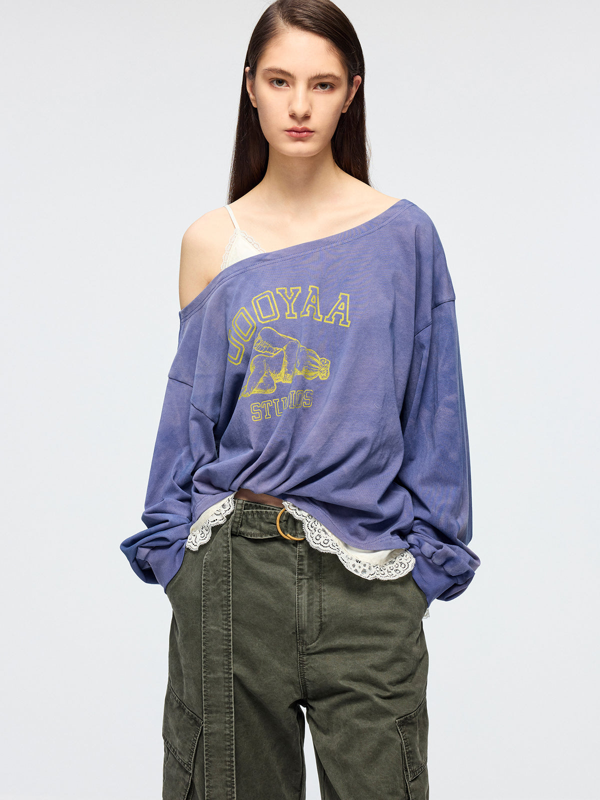 Angel print lace camisole asymmetric T-shirt
