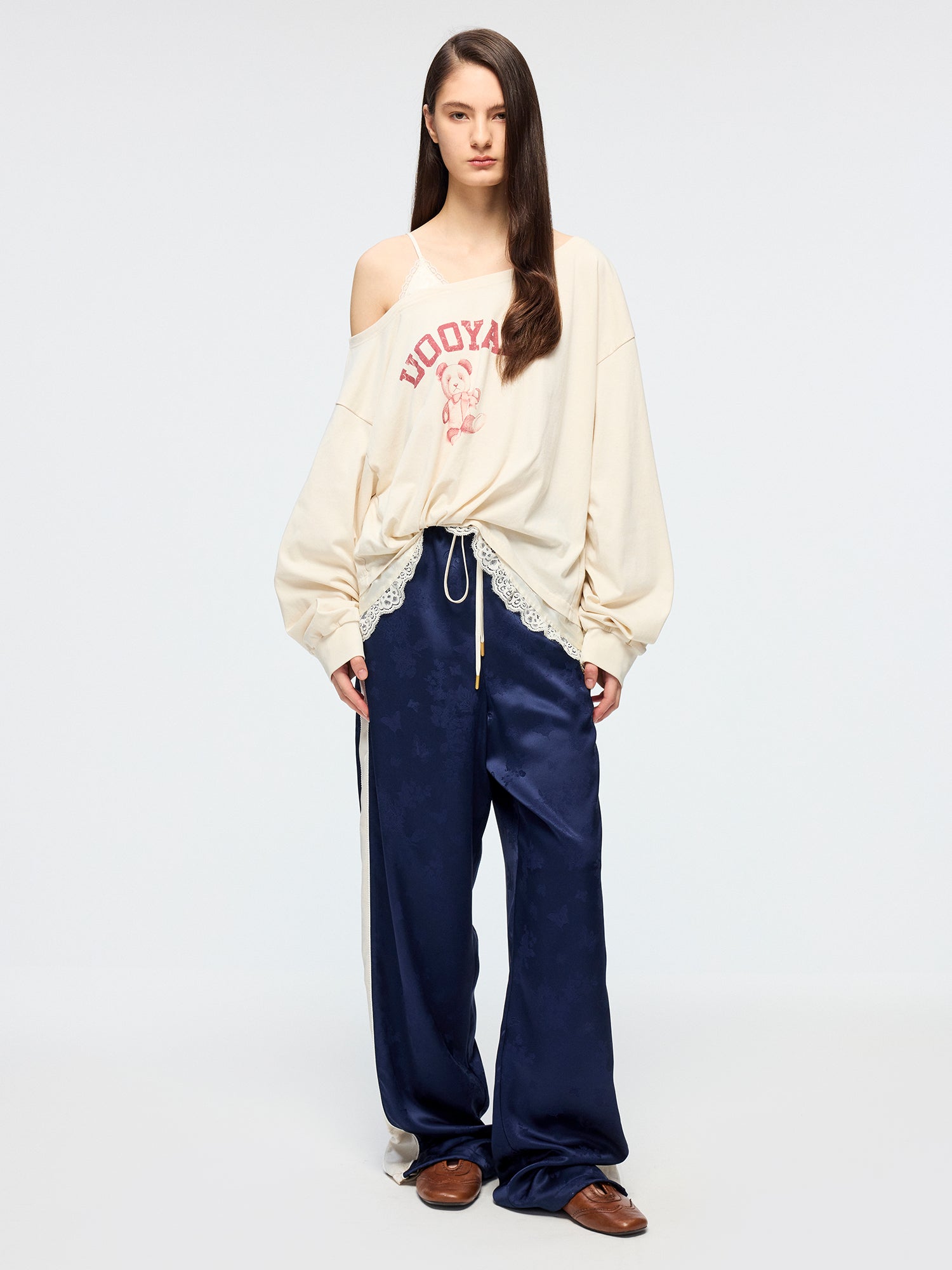 Panda print lace camisole asymmetric T-shirt