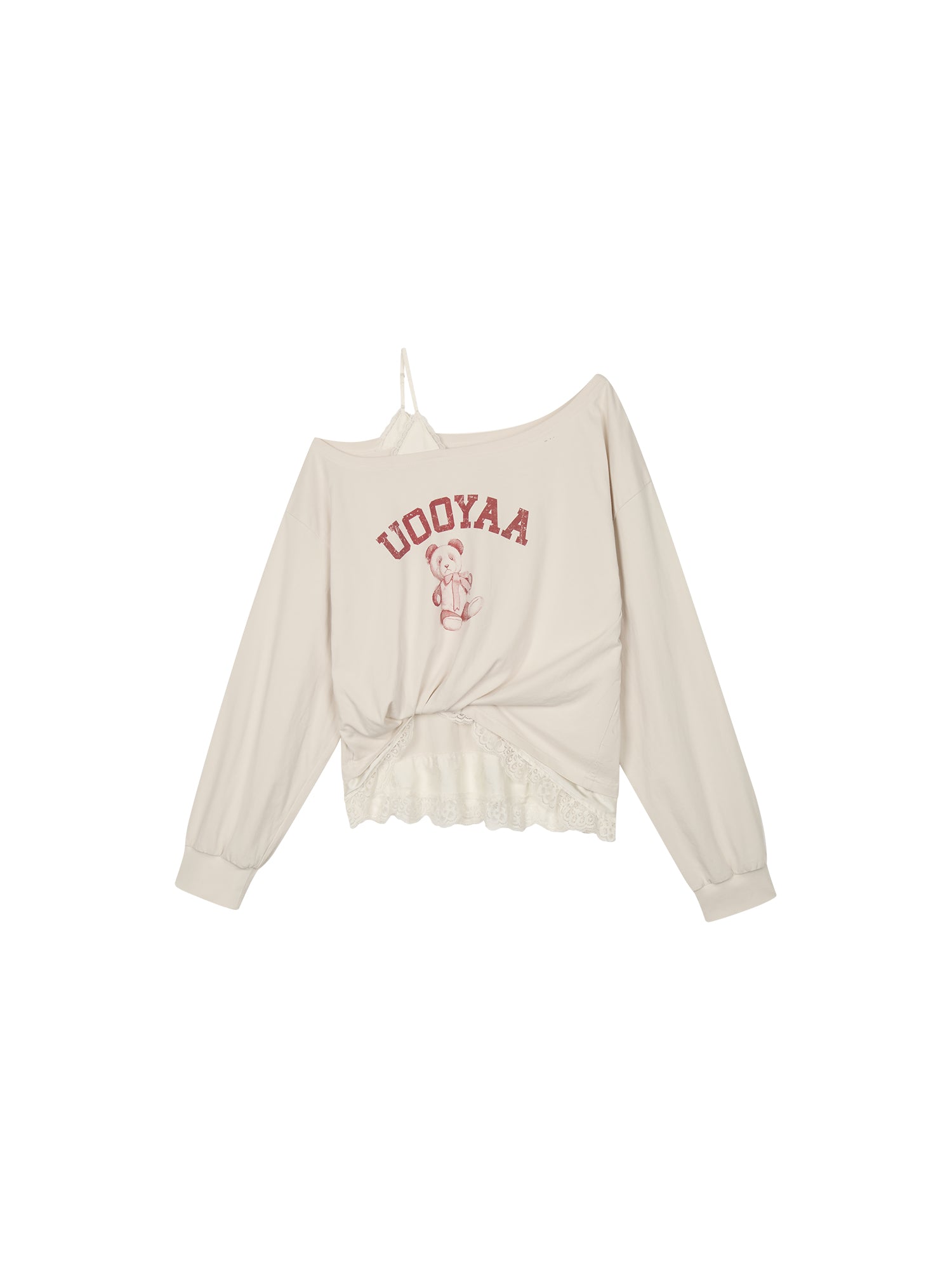 Panda print lace camisole asymmetric T-shirt