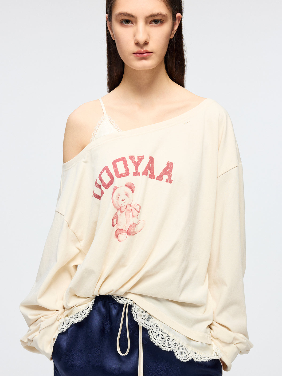 Panda print lace camisole asymmetric T-shirt