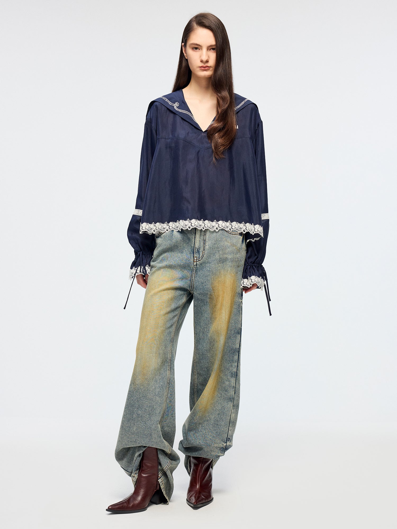 Openwork embroidered sailor collar pullover