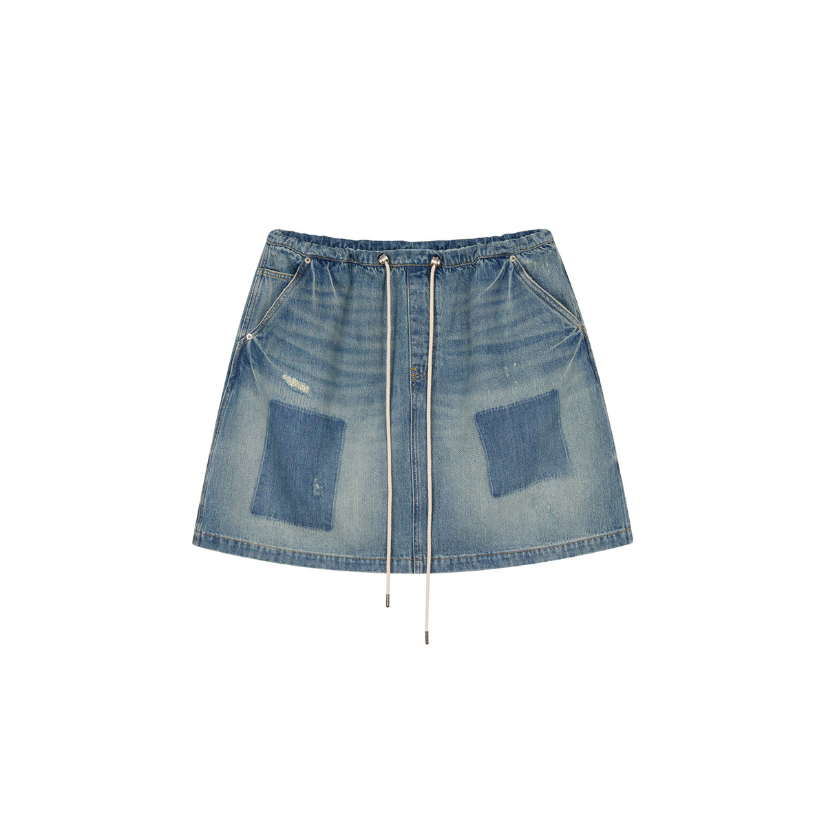 Distressed denim cargo skirt