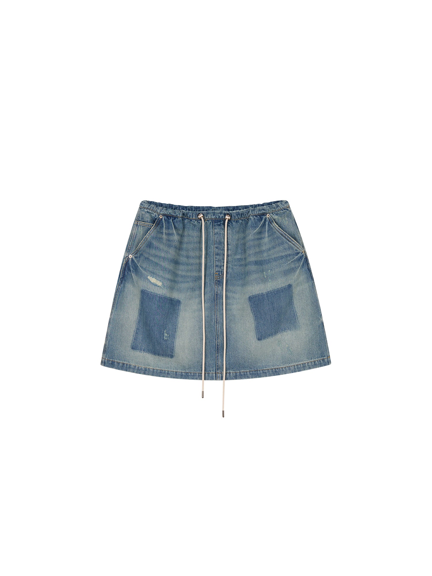 Distressed denim cargo skirt