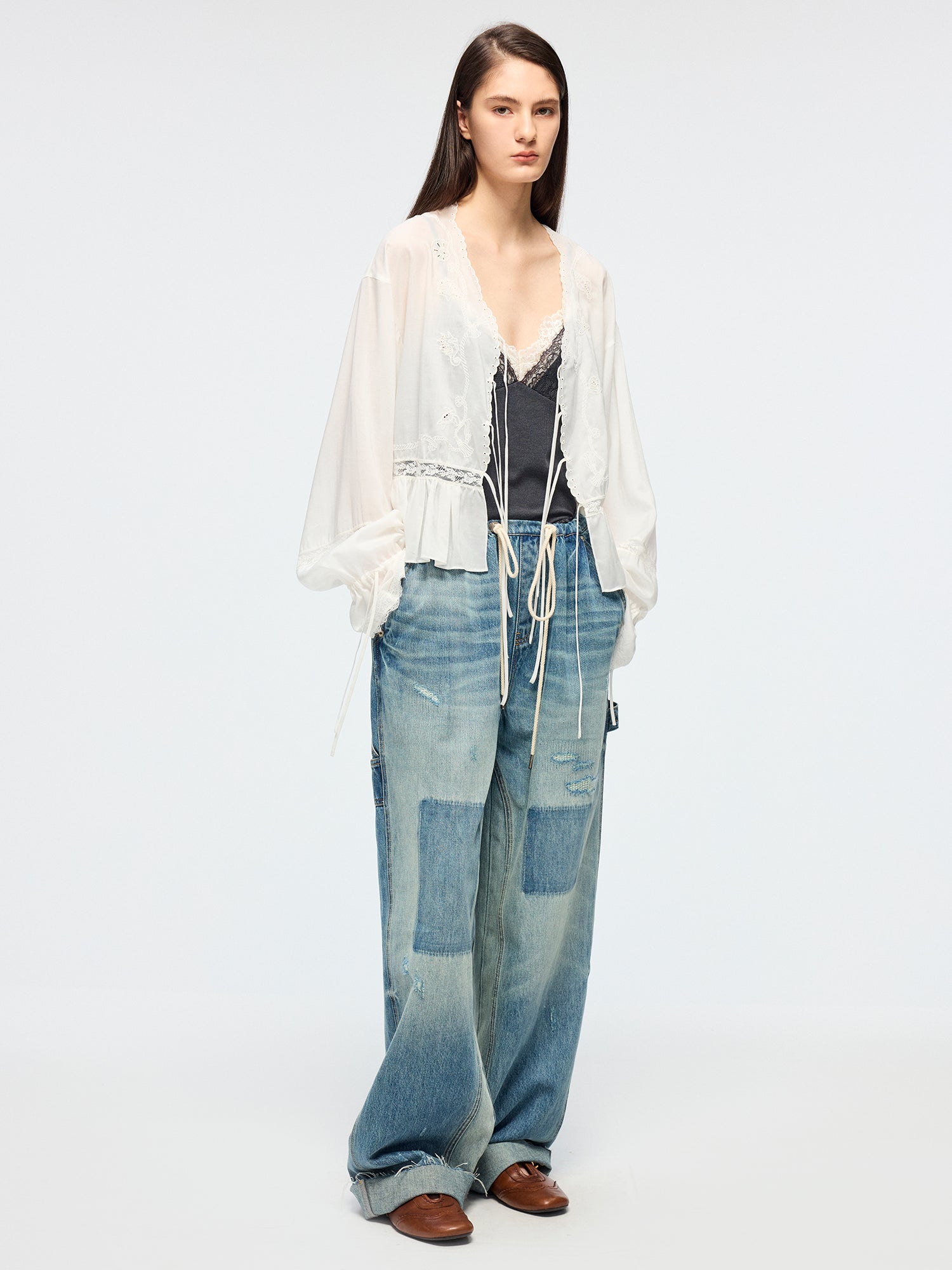 Distressed denim cargo pants