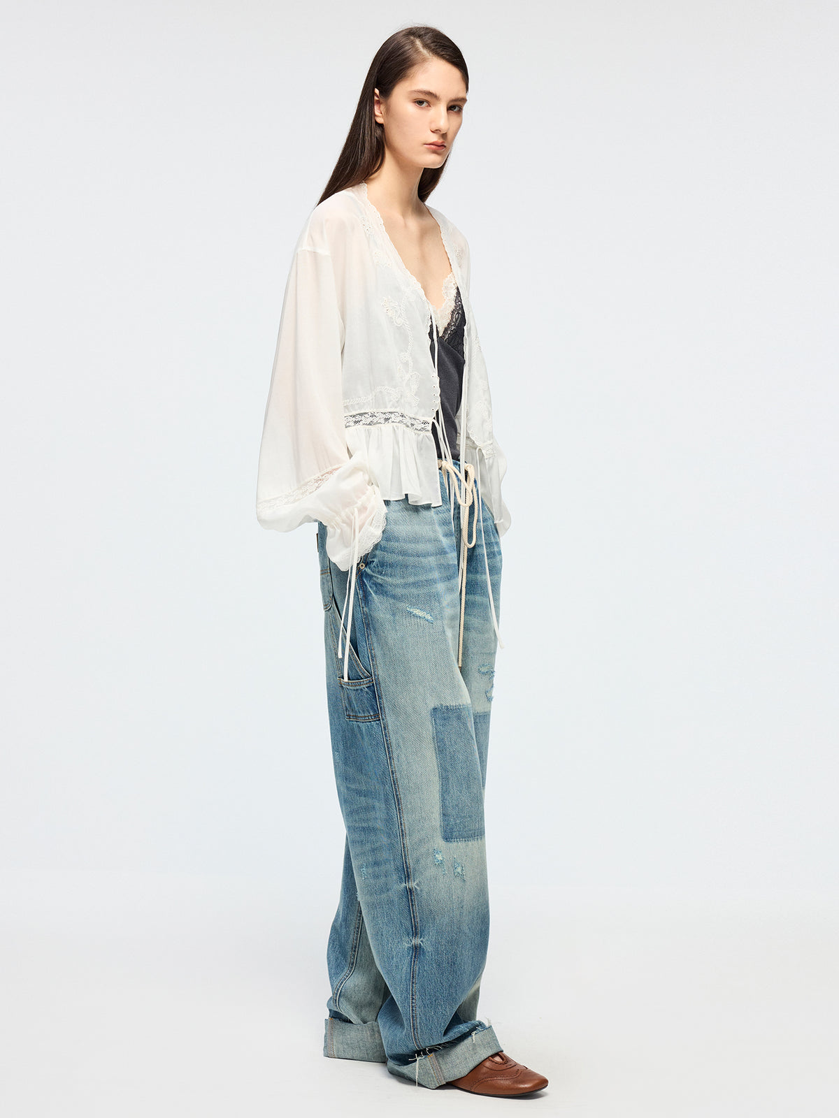 Distressed denim cargo pants