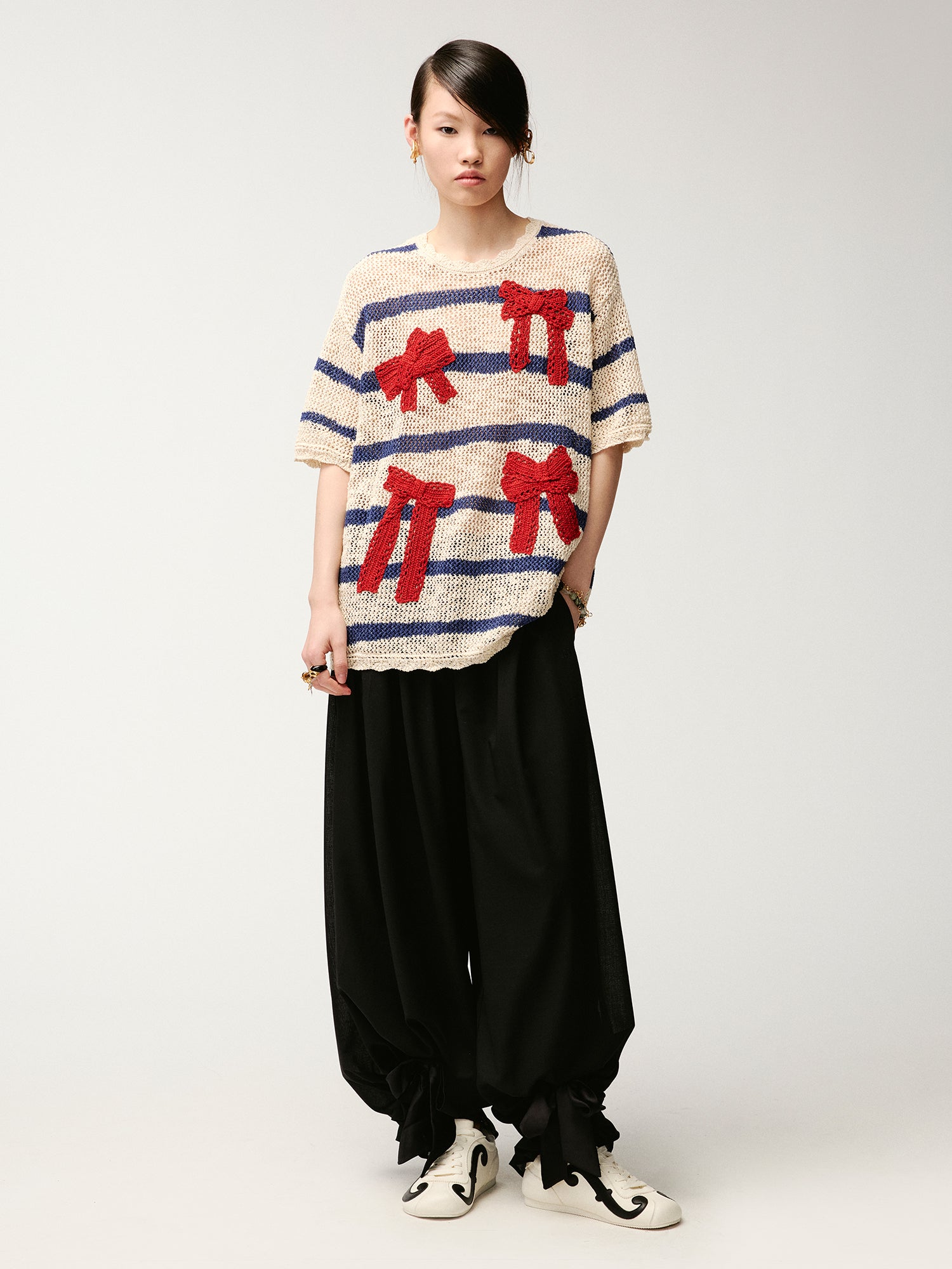 Handcrafted bow striped knit T-shirt
