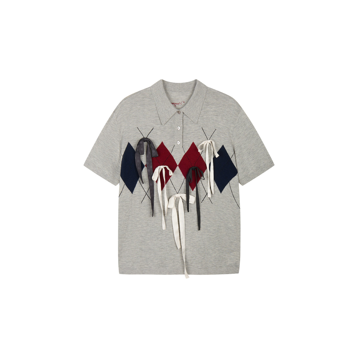 Ribbon bow polo knit T-shirt