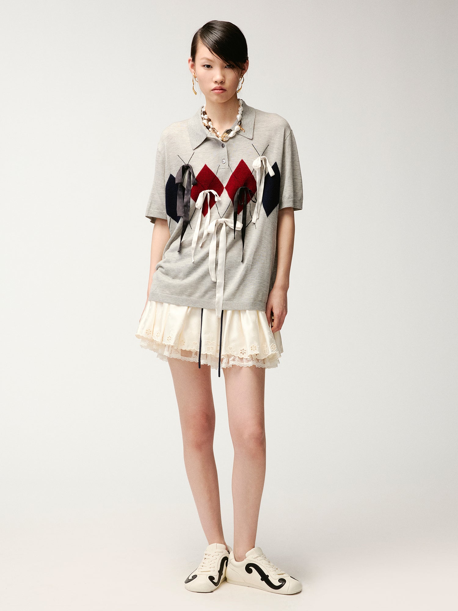 Ribbon bow polo knit T-shirt