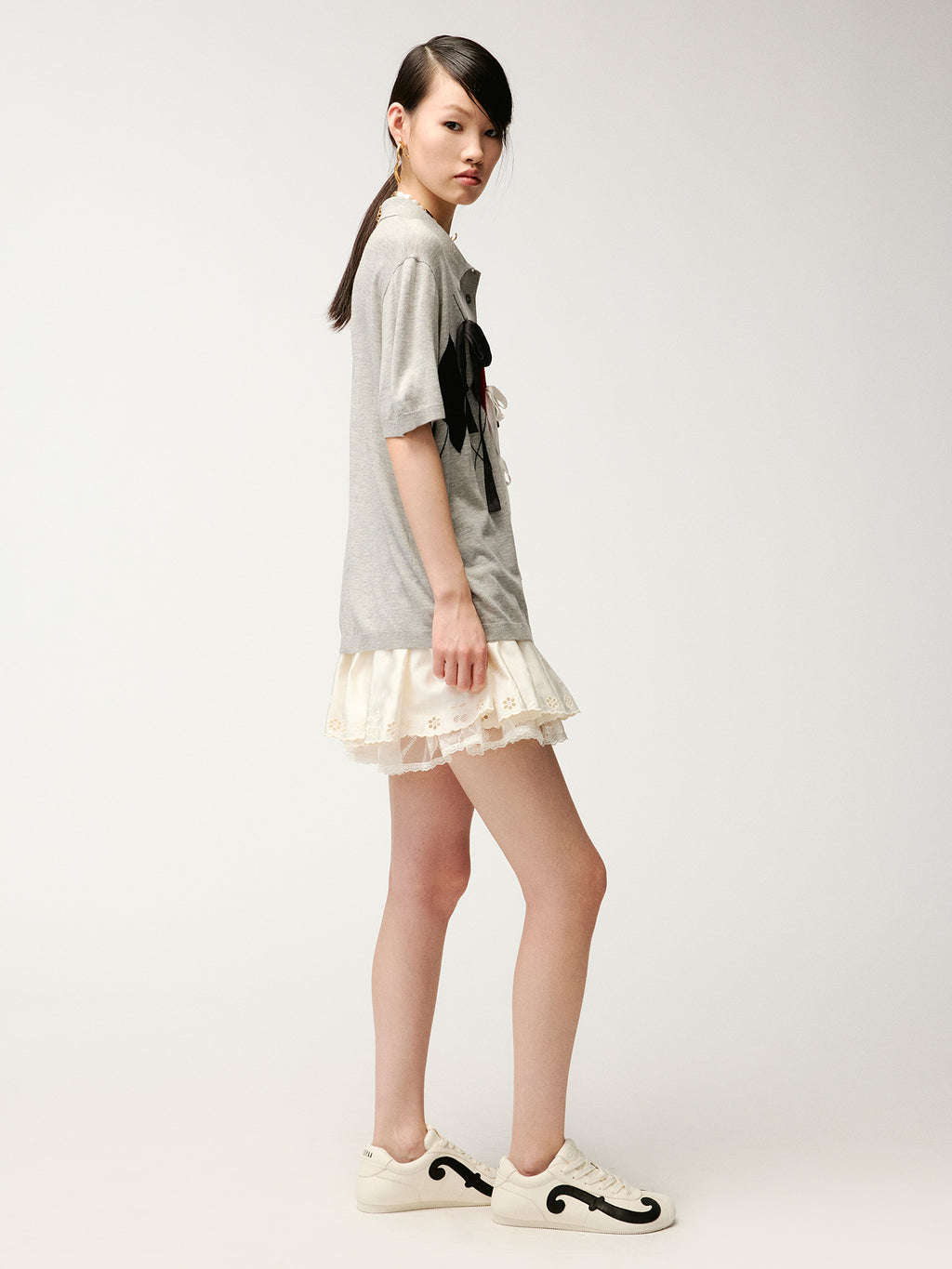 Ribbon bow polo knit T-shirt