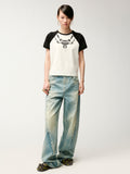 Beaded embroidered vintage necklace raglan T-shirt