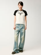 Beaded embroidered vintage necklace raglan T-shirt