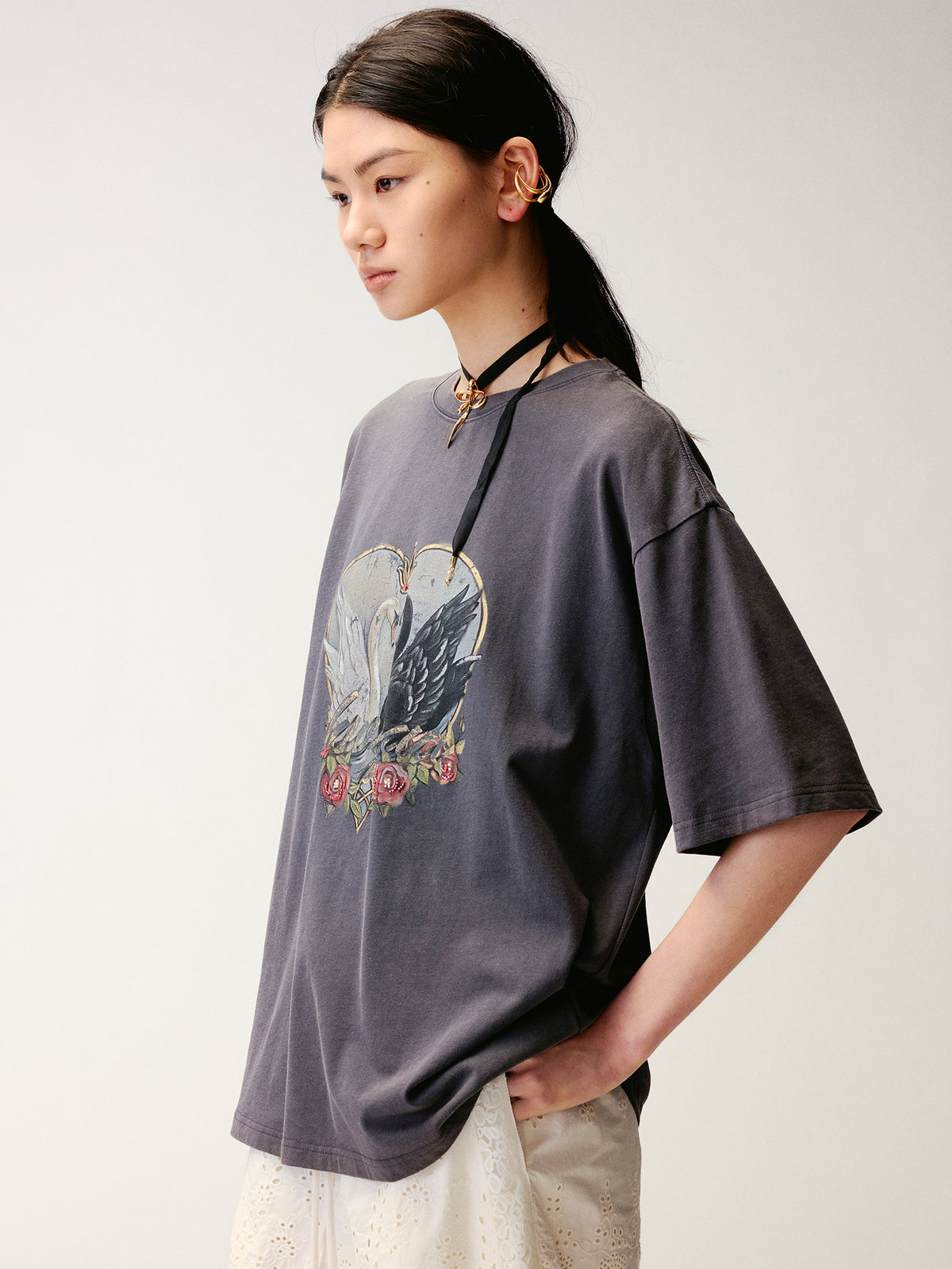 Swan Graphic Print Cotton T-Shirt