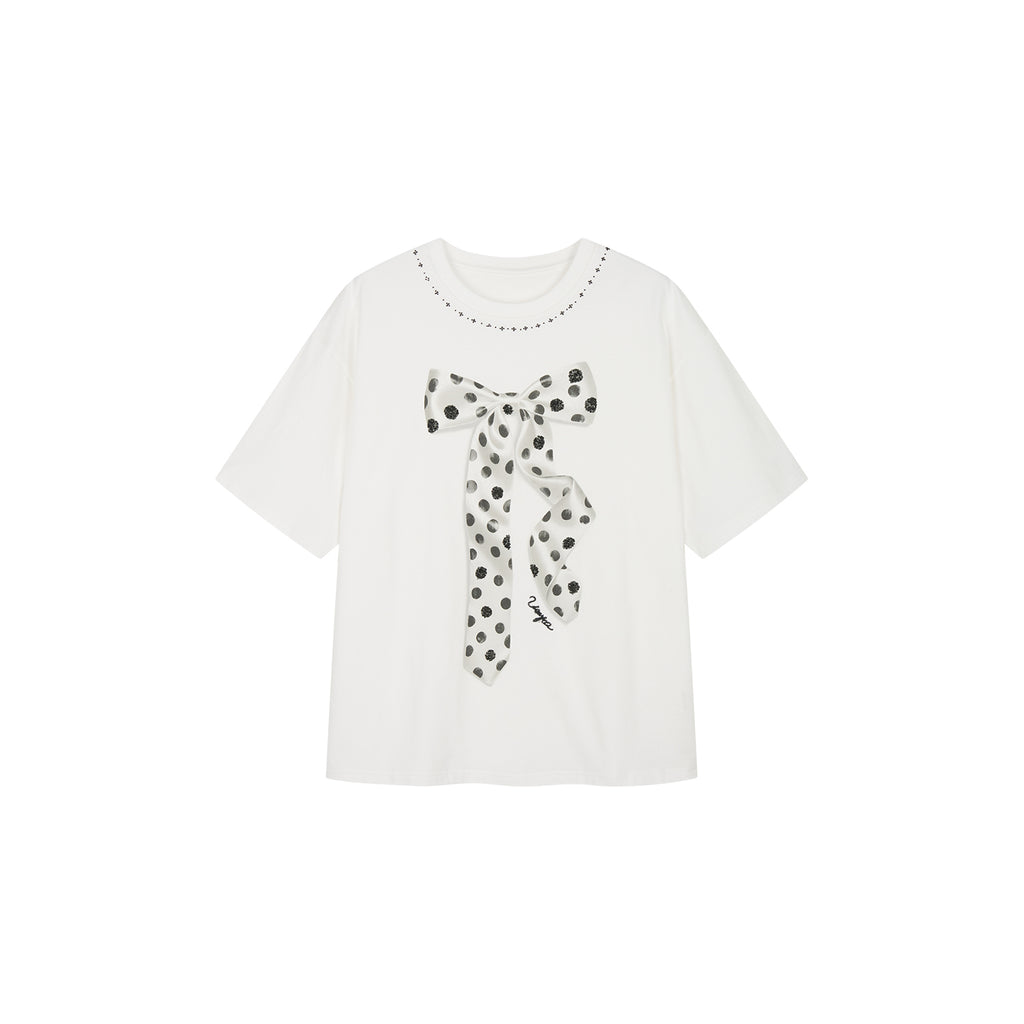 Sequin embroidered polka dot bow T-shirt