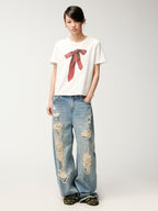 Foil-stamped tie bow T-shirt