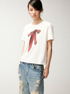 Foil-stamped tie bow T-shirt
