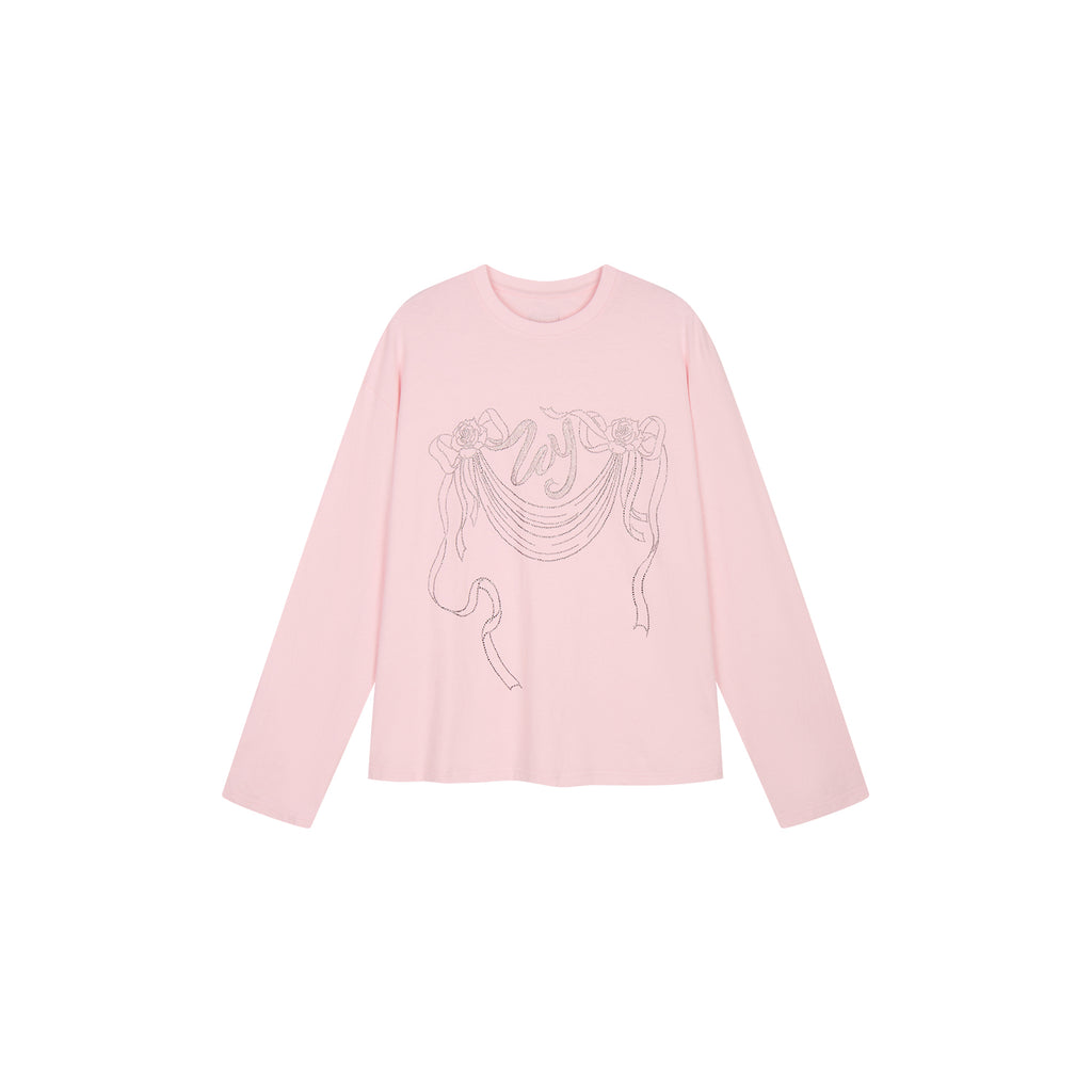 Rhinestone ribbon long sleeve T-shirt