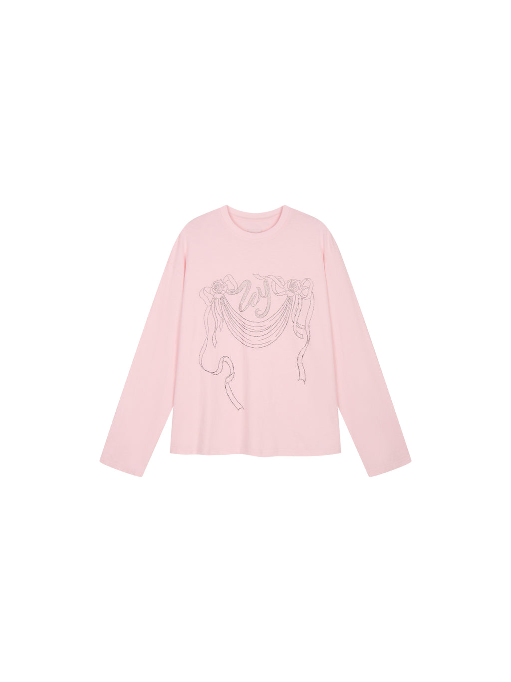 Rhinestone ribbon long sleeve T-shirt