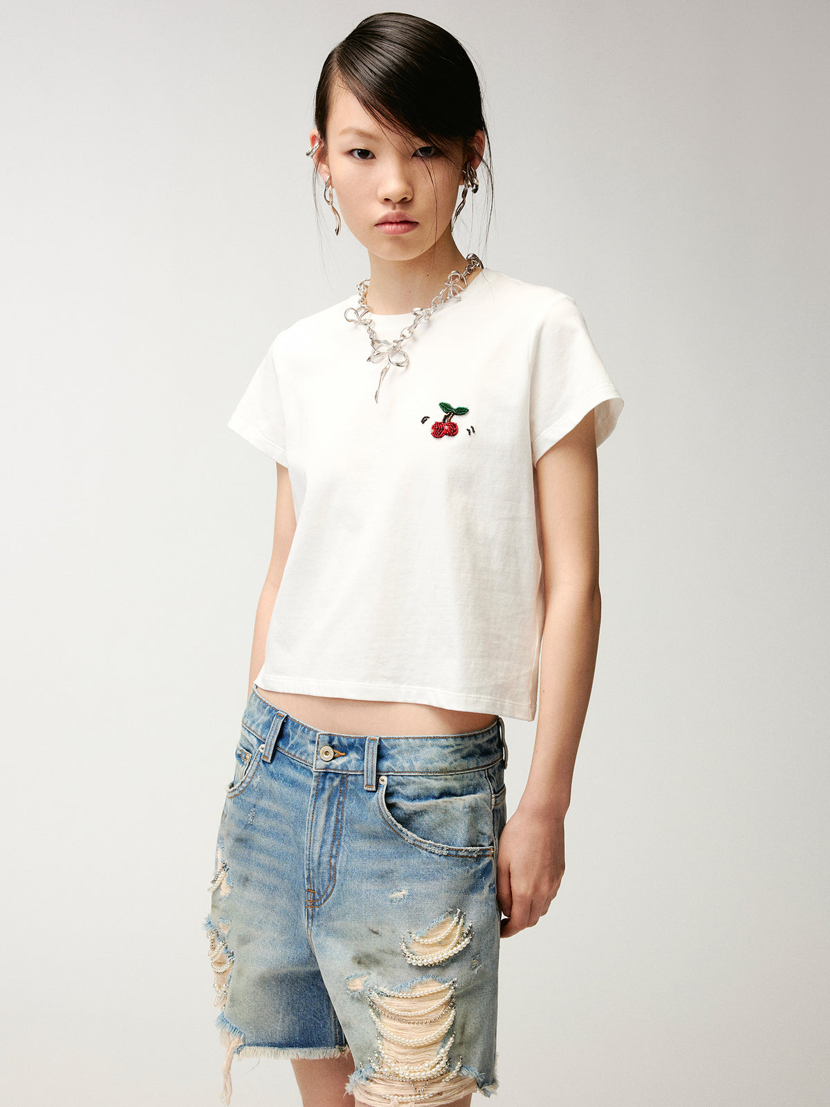 Beaded embroidered sporty cherry T-shirt