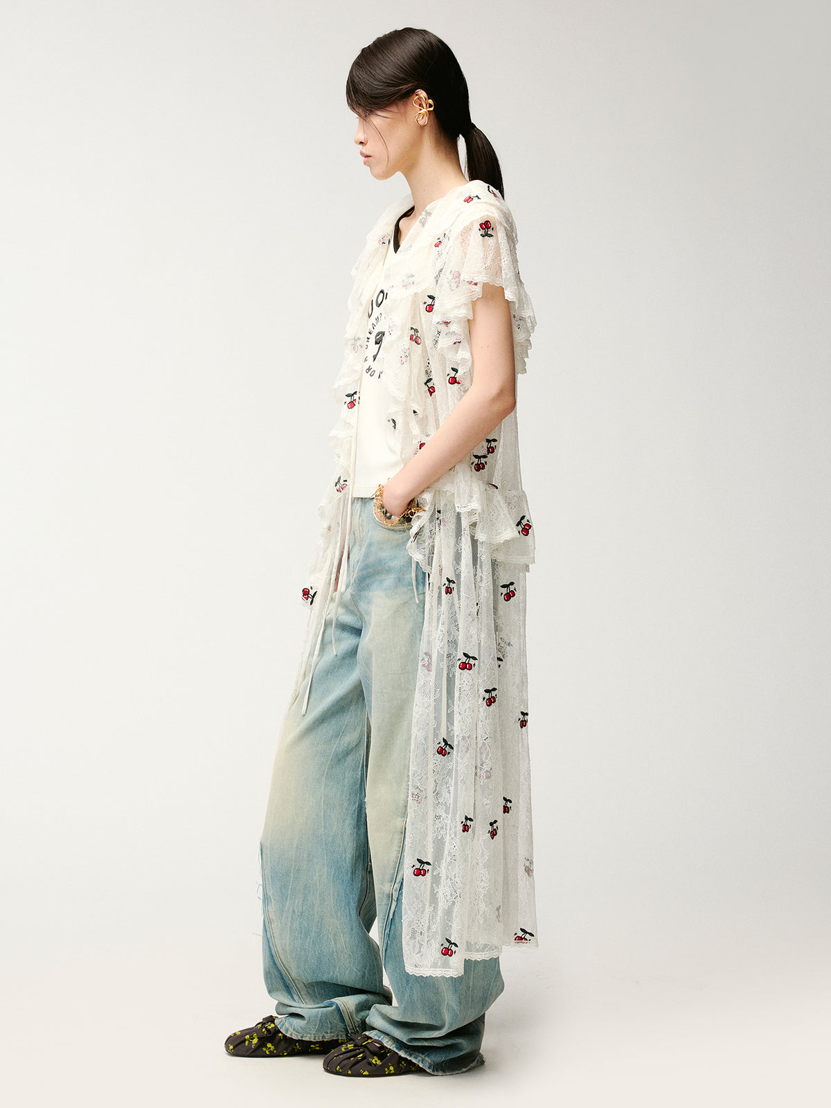 Embroidered sporty cherry lace tea dress