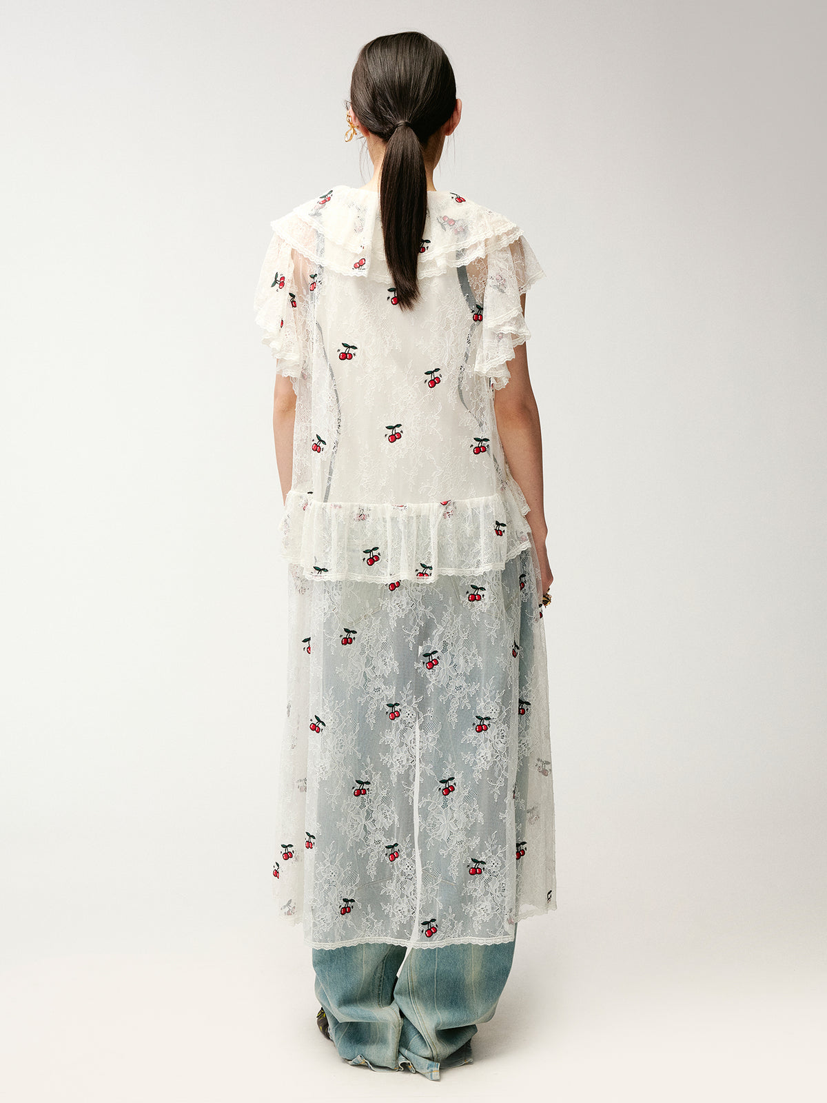 Embroidered sporty cherry lace tea dress