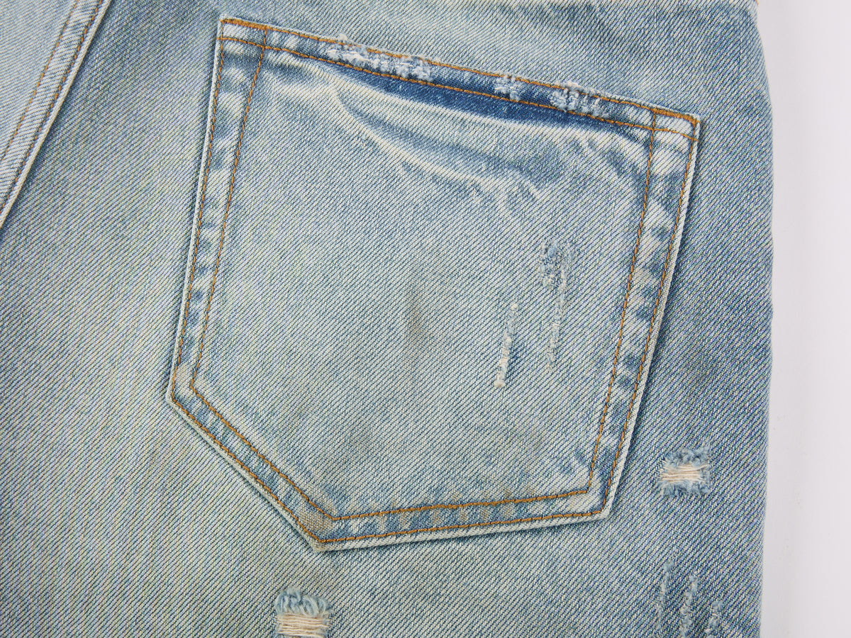 Pearl chain distressed denim shorts