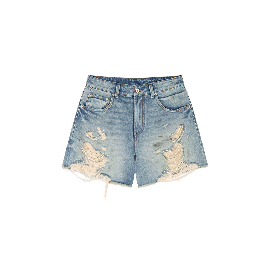 Pearl chain distressed denim shorts