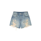 Pearl chain distressed denim shorts