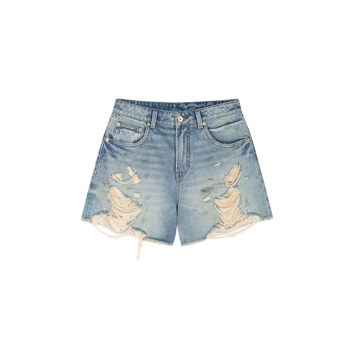 Pearl chain distressed denim shorts