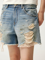 Pearl chain distressed denim shorts