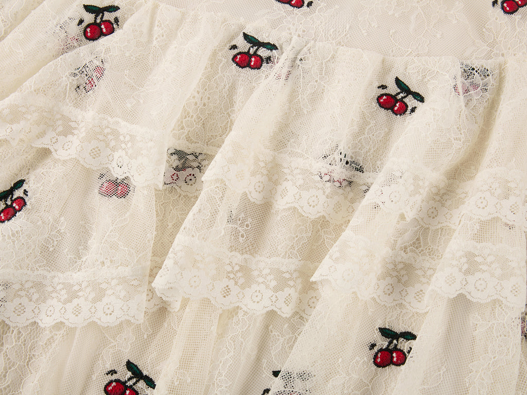 Embroidered sporty cherry lace tiered skirt
