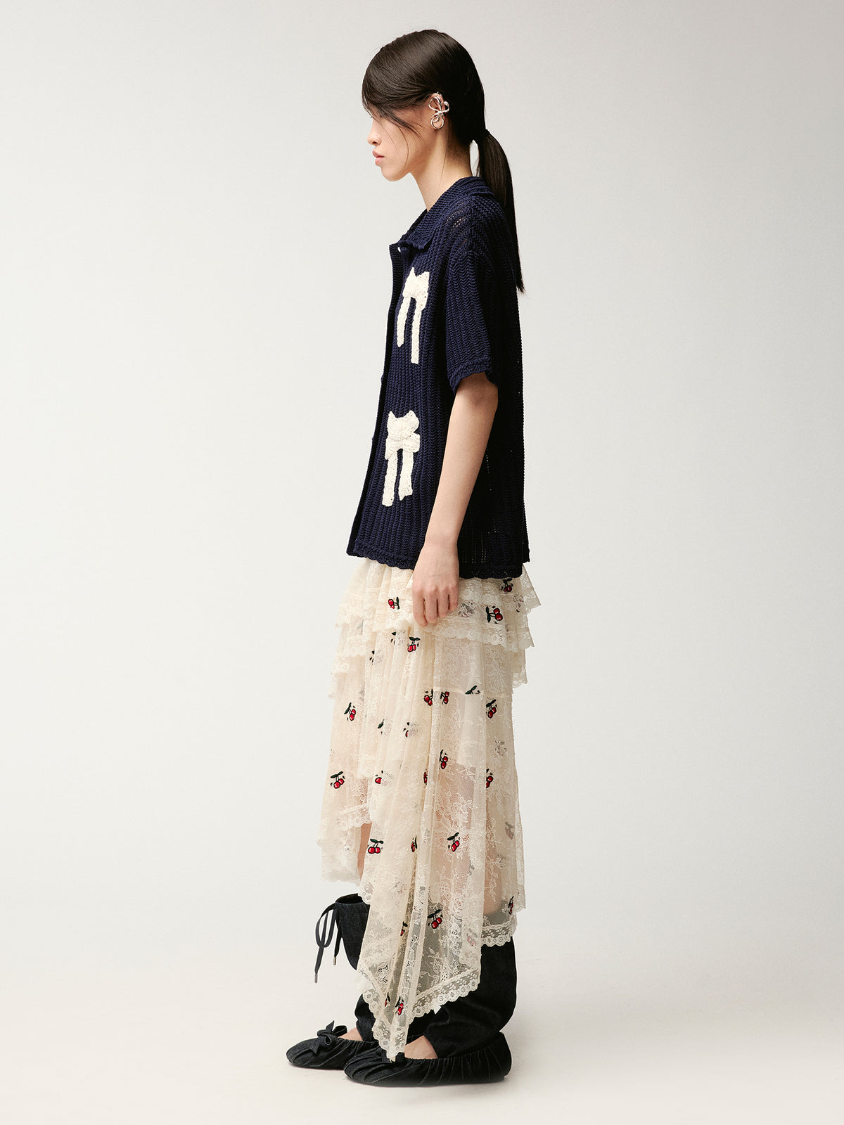 Embroidered sporty cherry lace tiered skirt