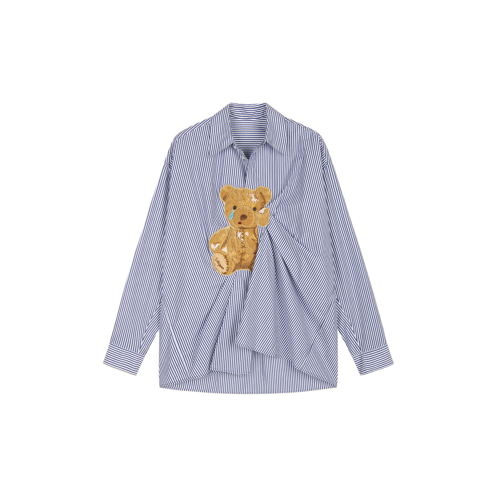 Sad bear jacquard appliqué pintuck shirt